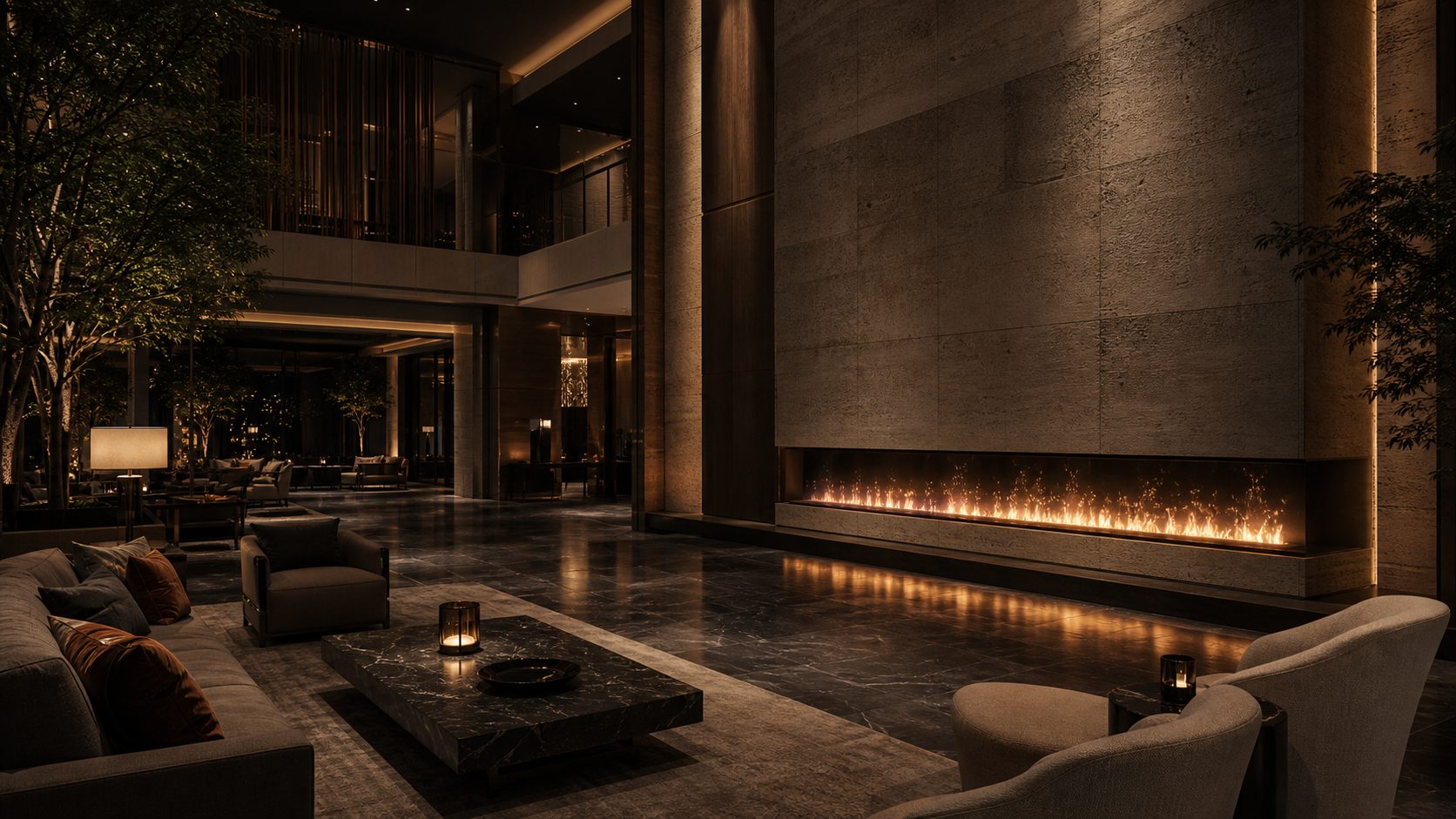 Hotel fireplace lounge atmosphere