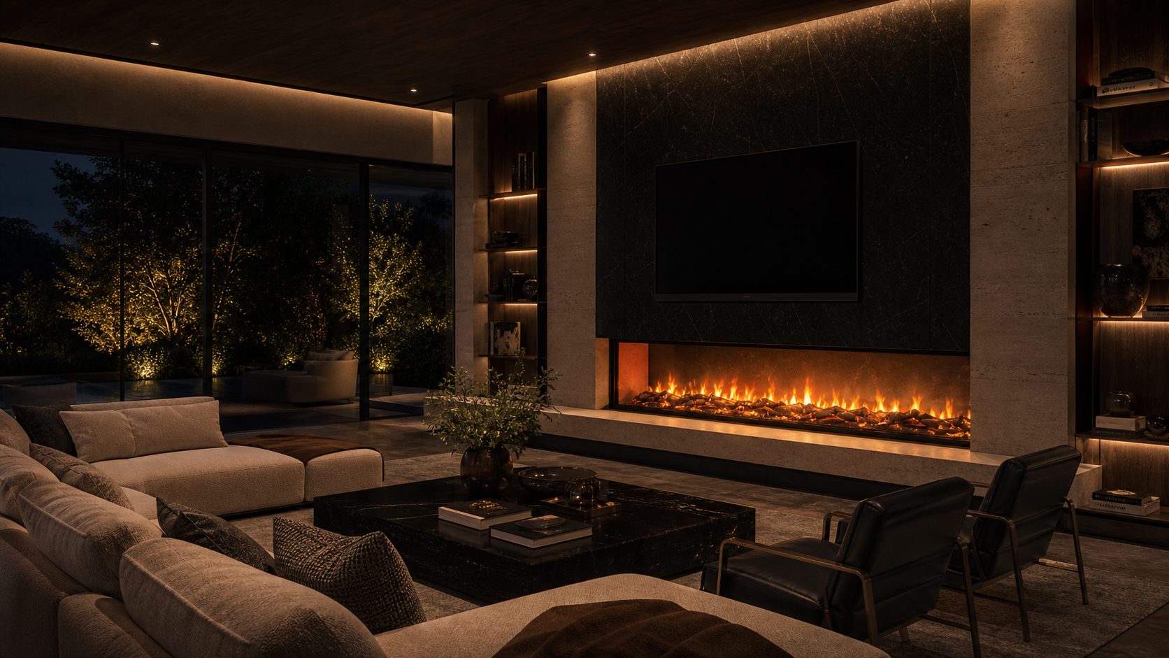 Modern lounge fireplace scene