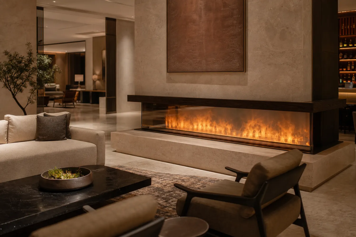 Hotel fireplace wall feature